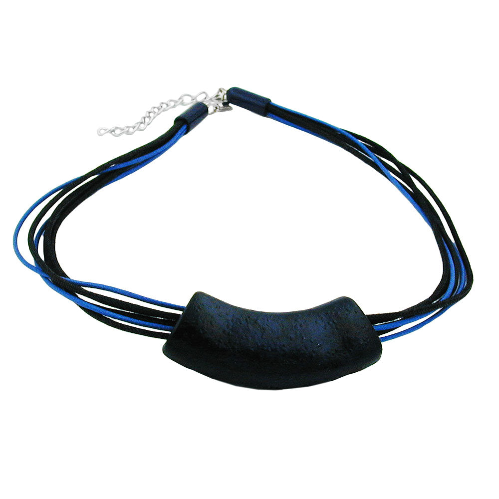Chain 54x19mm pendant tube flat bent blue-black-marbled shiny plastic 45cm