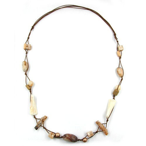 Necklace plastic beads beige horn-marbled cord brown 105cm