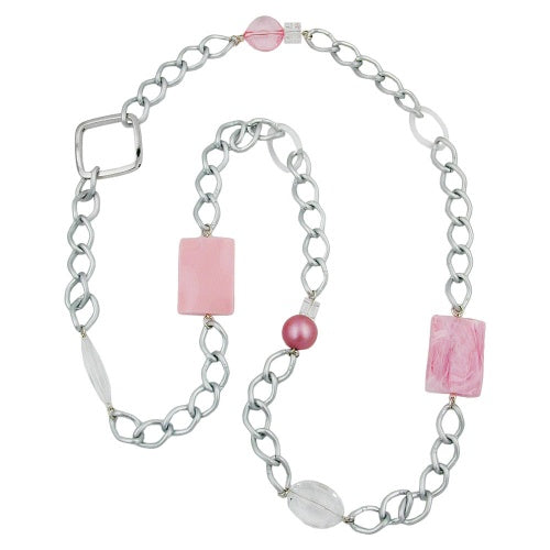 Chain plastic beads pink transparent wide curb chain aluminum light gray 95cm