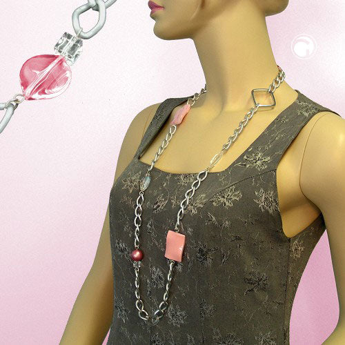 Chain plastic beads pink transparent wide curb chain aluminum light gray 95cm