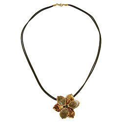 Chain 48mm flower metal pendant olive-gold enamelled cord olive 50cm