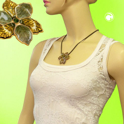 Chain 48mm flower metal pendant olive-gold enamelled cord olive 50cm