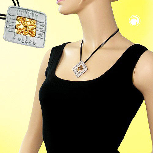Chain cord necklace with 39x39mm pendant metal plate bicolor 45cm
