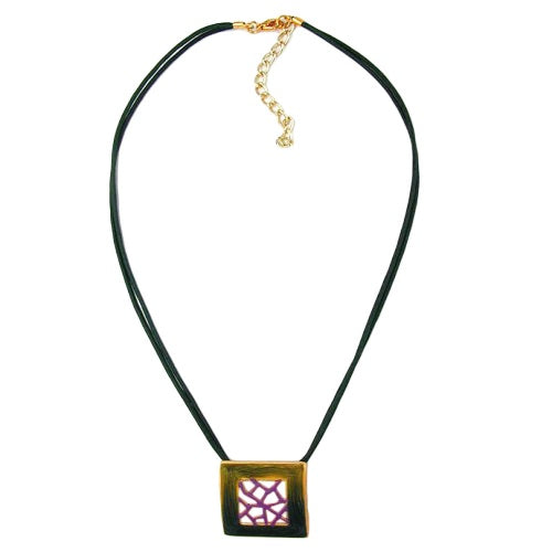 Chain 27x30mm metal pendant square gold-colored green-purple enameled cord green 42cm