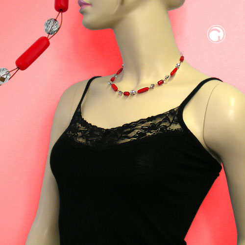 Chain wire chain with glass beads roller red and crystal silver-mirrored 45cm
