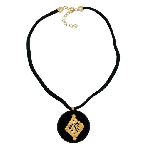 Chain 42mm disc plastic velour velvet black with gold-colored metal trim 45cm