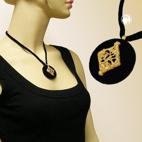 Chain 42mm disc plastic velour velvet black with gold-colored metal trim 45cm