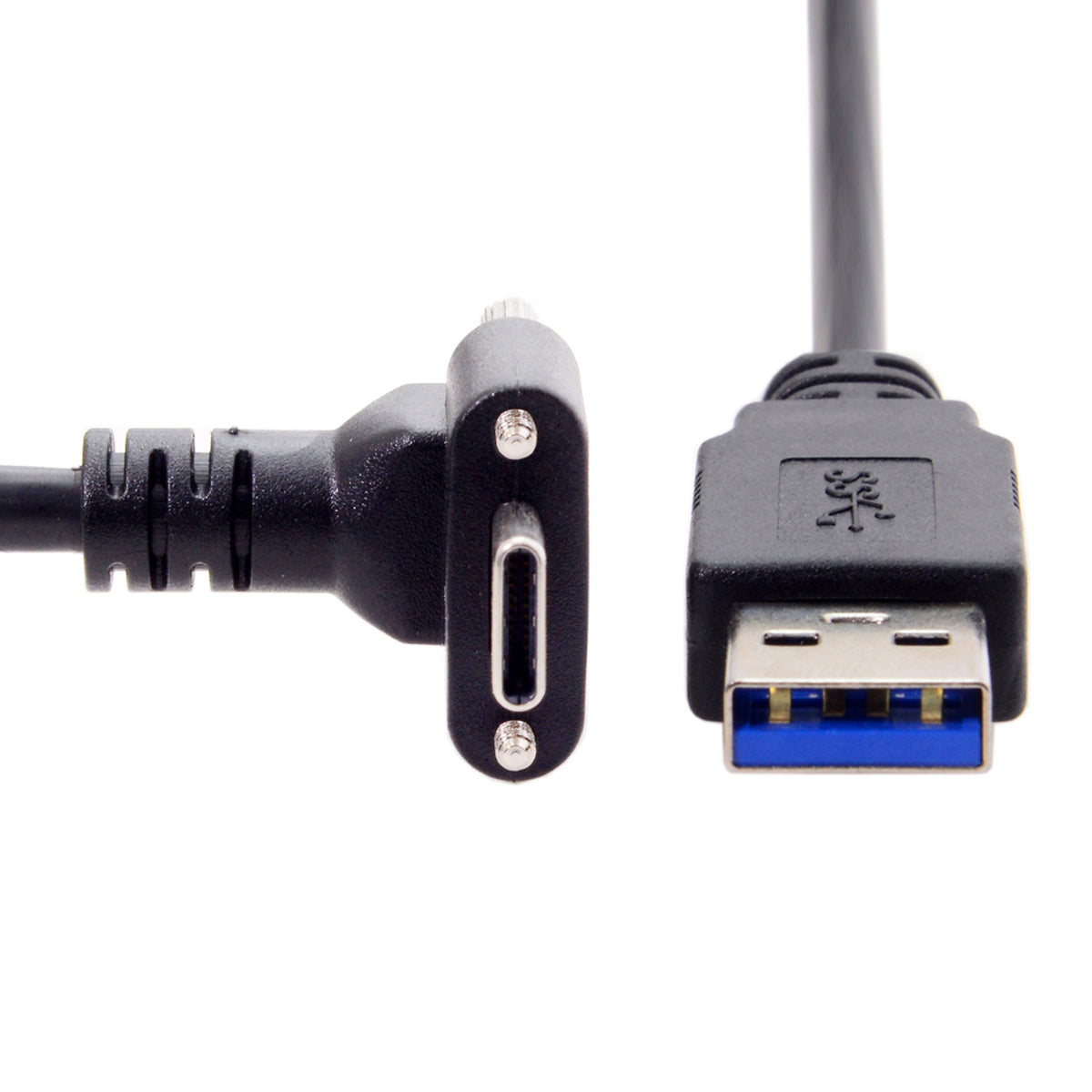 System-S USB 3.0 A karlkyns í USB Type C 3.1 karlkyns snúra með 90 gráðu horni og lásskrúfu.