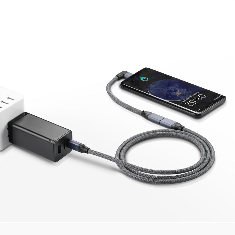 SYSTEM-S USB 3.1 snúra 20 cm Tegund C karlkyns í kvenkyns fléttuð hornsnúra í gráu