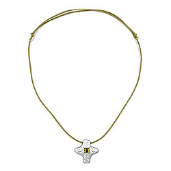 Kette Anhänger Kreuz Metallguss matt-silberfarben Glasstein Kordel oliv 70cm