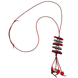 Kette Kunststoff Koralle rot-marmoriert altsilber Kordel dunkelrot 70cm