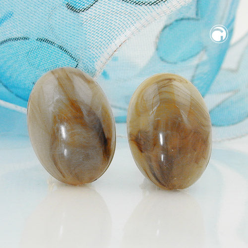 Eyrnalokkar með klemmu 18x13mm, lítill sporöskjulaga hornhnappur, brúnn marmari, glansandi plasthnappur