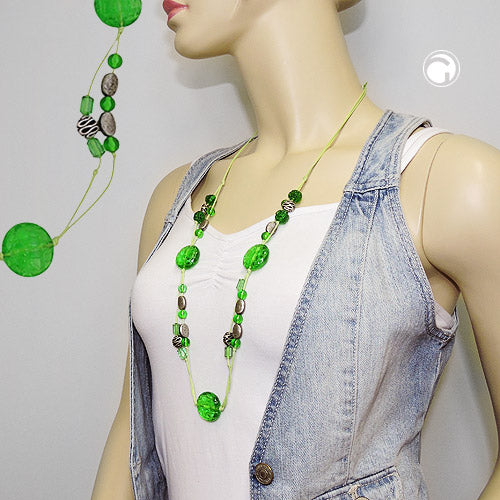 Chain 25mm crocodile pearl green-transparent and antique silver plastic beads cord light green 90cm