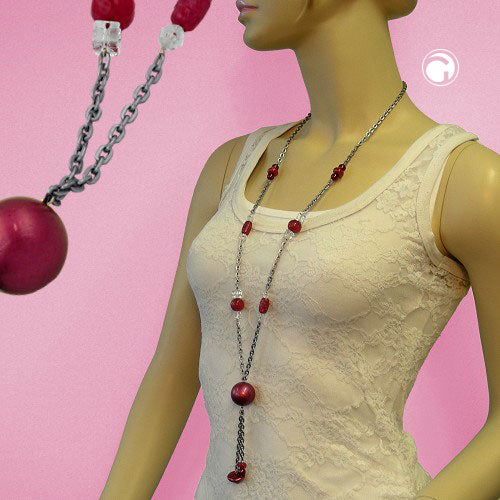 Necklace plastic beads old pink-grey-crystal aluminum anchor chain grey 90cm