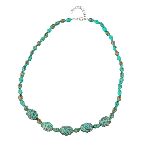 Necklace crocodile pearl and olive turquoise green with patina plastic 55cm