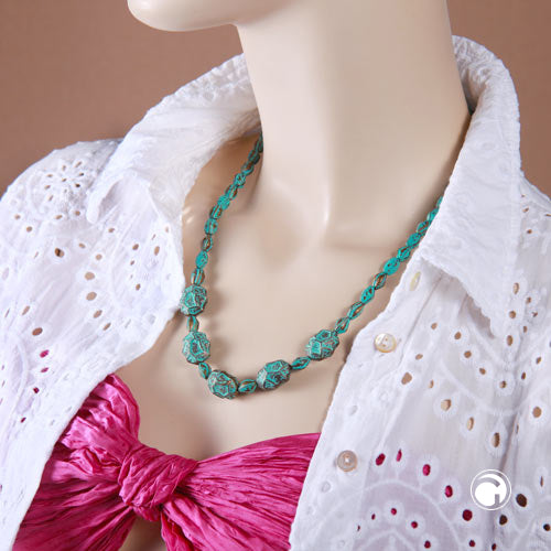 Necklace crocodile pearl and olive turquoise green with patina plastic 55cm