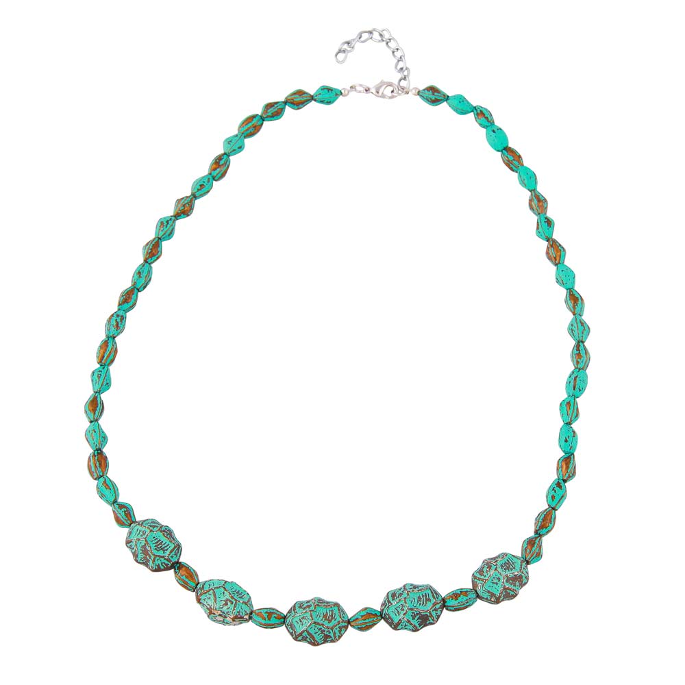 Necklace crocodile pearl and olive turquoise green with patina plastic 55cm
