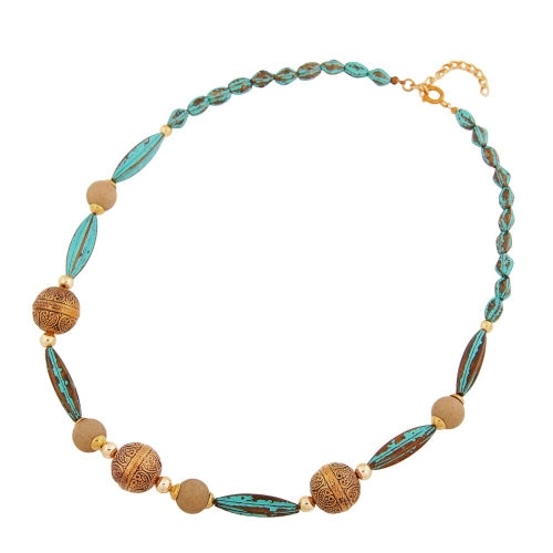 Necklace turquoise patina and old gold-colored plastic beads 55cm