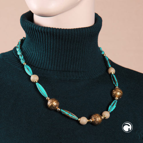 Necklace turquoise patina and old gold-colored plastic beads 55cm