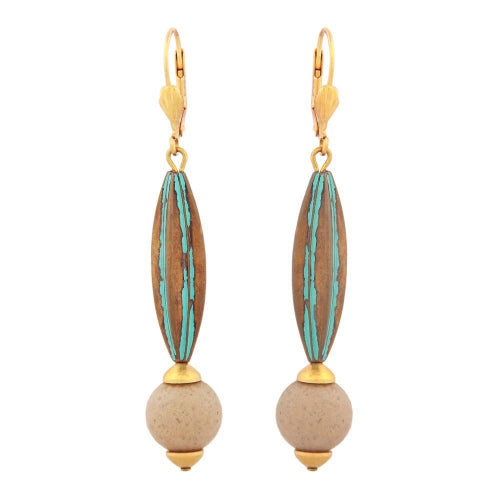 Leverback earring 66x12mm grooved olive patina green with pearl light brown plastic
