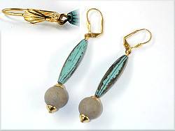 Leverback earring 66x12mm grooved olive patina green with pearl light brown plastic