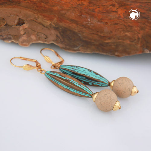 Leverback earring 66x12mm grooved olive patina green with pearl light brown plastic