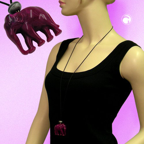 Chain 45x40x22mm elephant plastic fuchsia-white marbled cord black 90cm