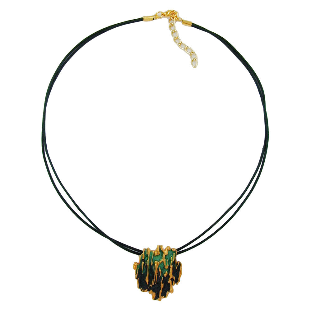 Keðja 34x28mm hengiskraut úr barki grænum, mattgulllituðum emaljeruðum málmstreng, dökkgrænum, 42cm