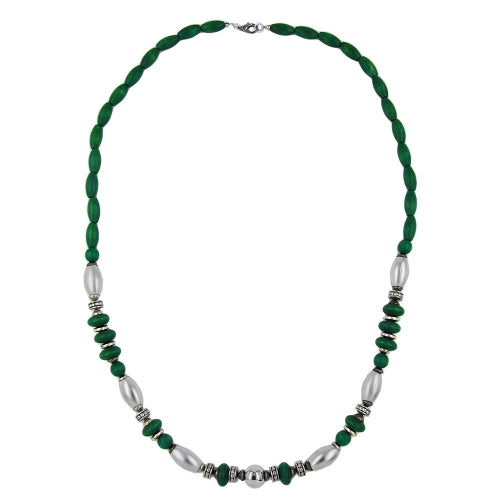 Keðja 14x7mm tréperlur grænar með plastperlum króm matt 70cm