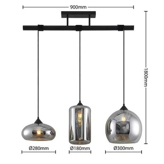 B-grade Lindby Arloris pendant lamp, 3-light, glass shade, 60 W