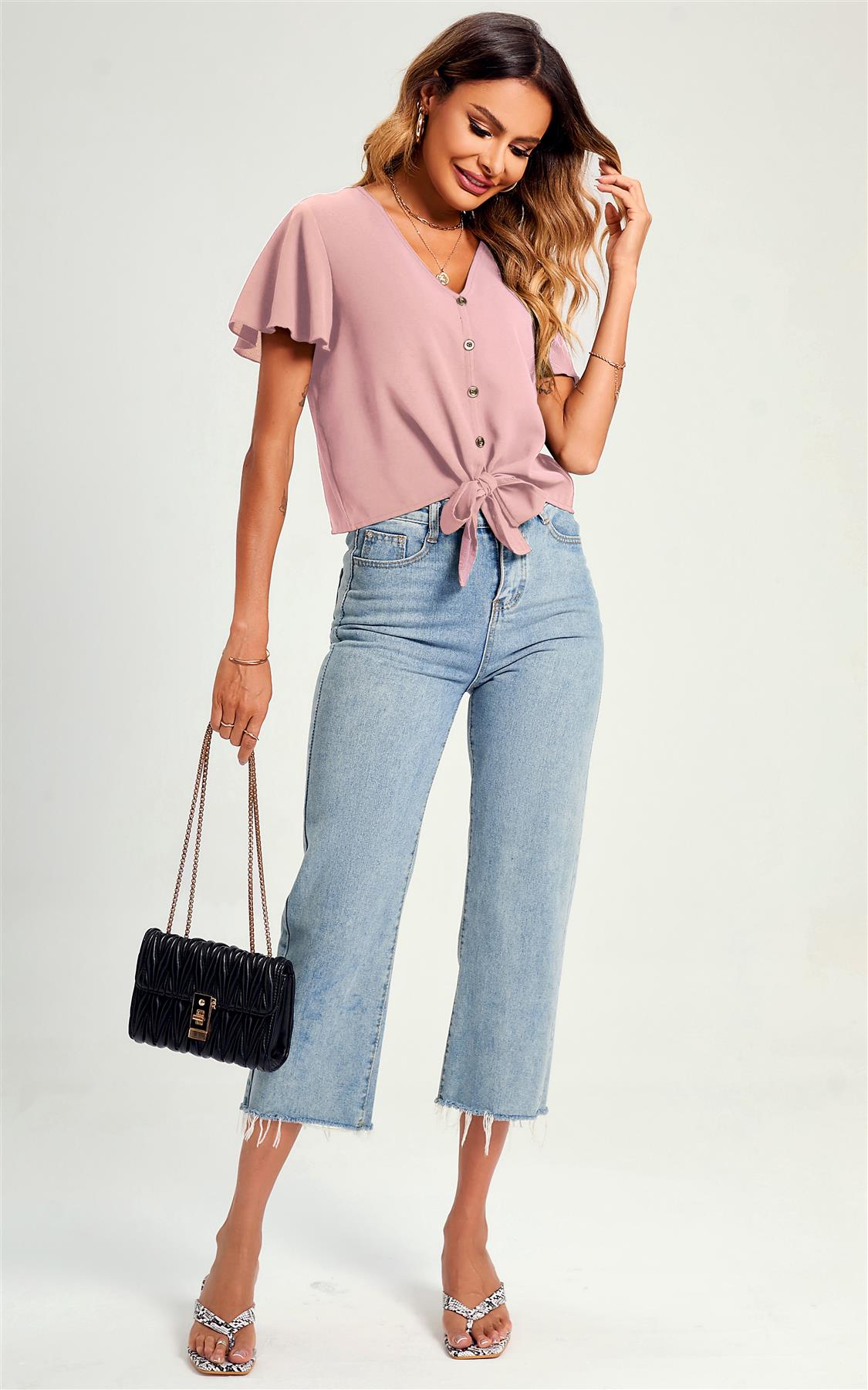 Cute Tie Knot Front Buttoned Crop T Shirt Top In Pink