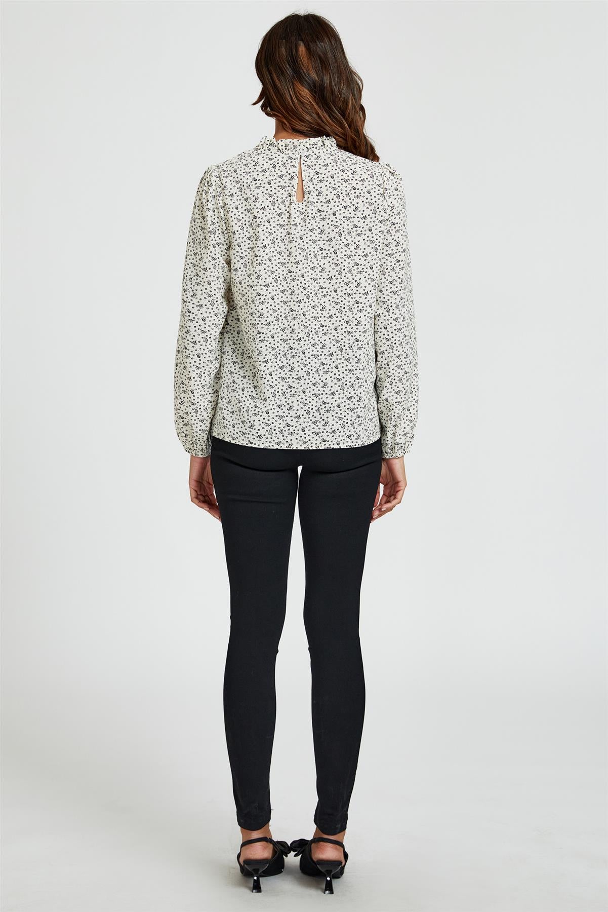 Little Floral Print Frill Detail High Neck Top In White