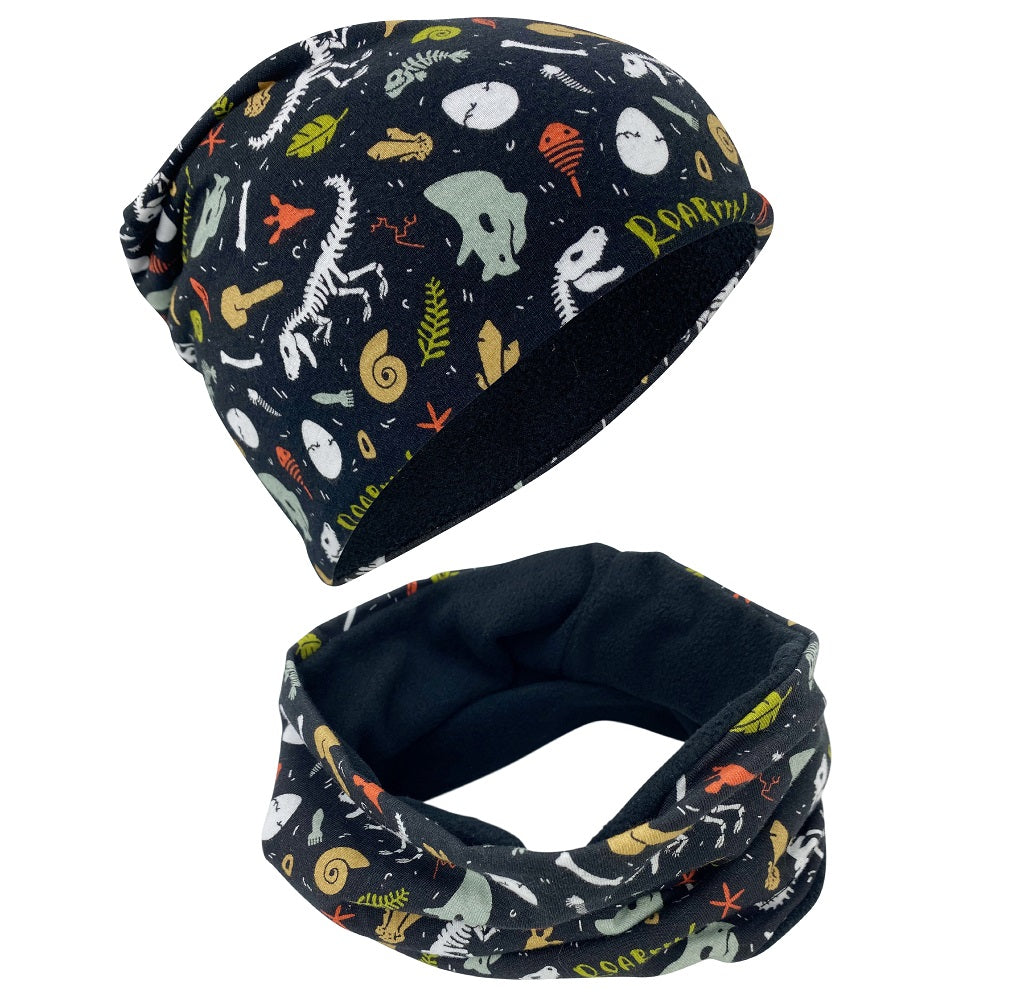 Kinder Beanie Mütze & Loop Set - Dino Knochen