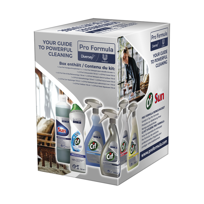 Pro Formula Reinigungsset (6-teilig) – Handspülmittel, Fettlöser, Edelstahl-, Bad-, Glas- & Oberflächenreiniger, Scheuermilch | Packung (1 Stück)