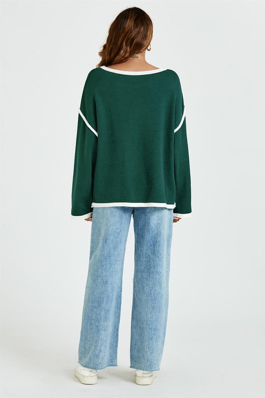 White Striped Oversized Jumper Top In Dark Green
