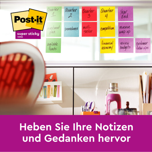 Post-it® Super Sticky Notes, Verschiedene Farben, 63,5 mm x 76 mm, 90 Blatt/Block, 8 Blöcke/Packung, Kartonverpackung, 100% PEFC, SGSCH-PEFC-COC-110078 | Packung (1 Stück)