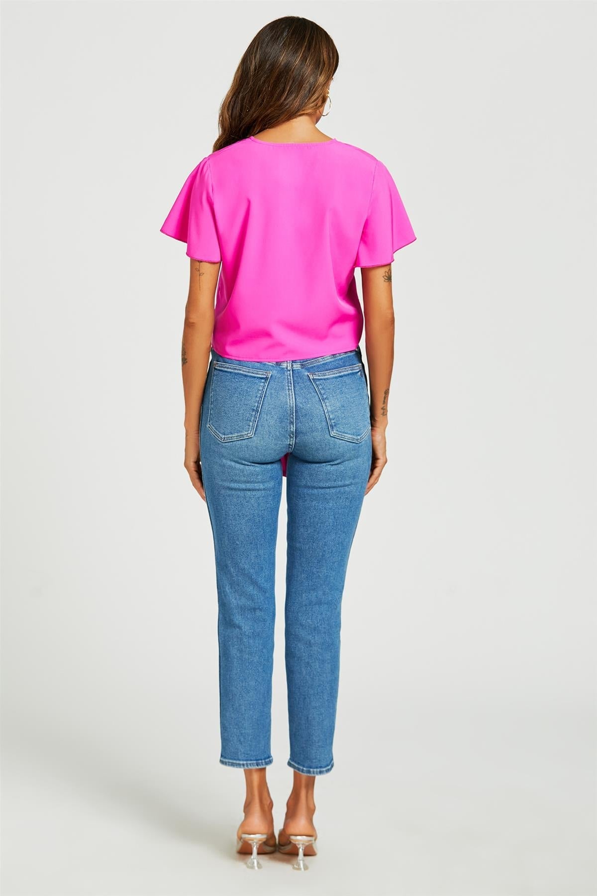 Cute Tie Knot Front Buttoned Crop T Shirt Top In Fuchsia Pink