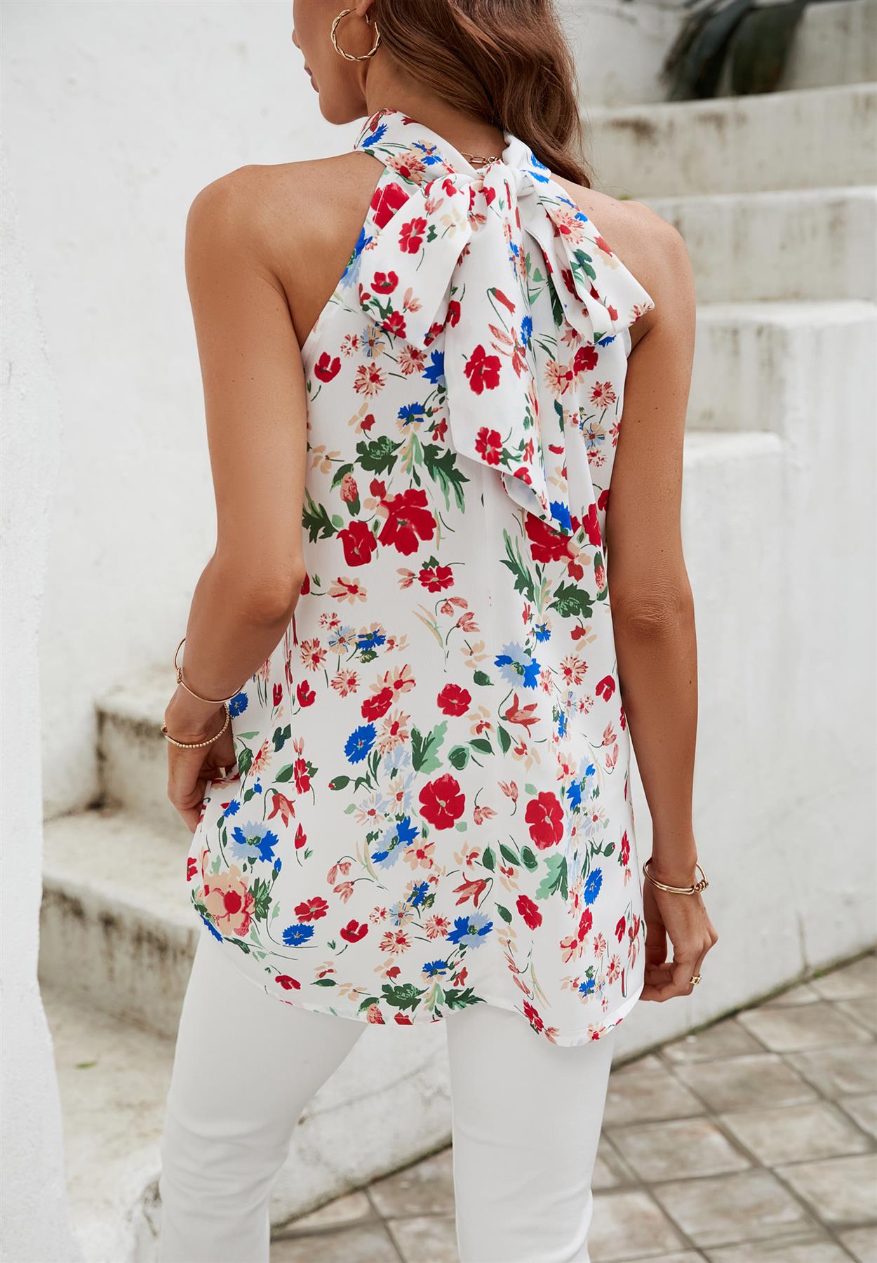 Multicolour Floral Print Halter Neck Tie Back Top In White