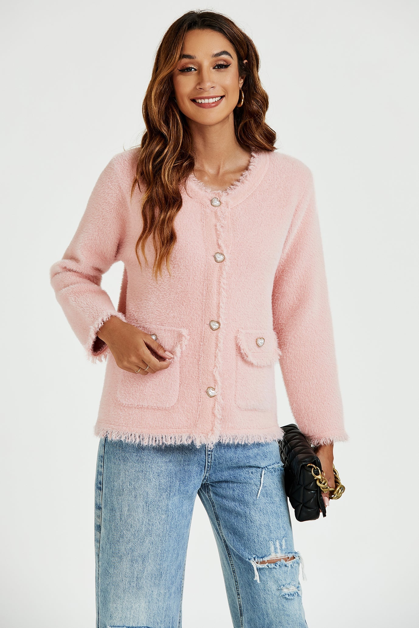 Cotton Blend Frayed Edge Boucle Jacket in Pink