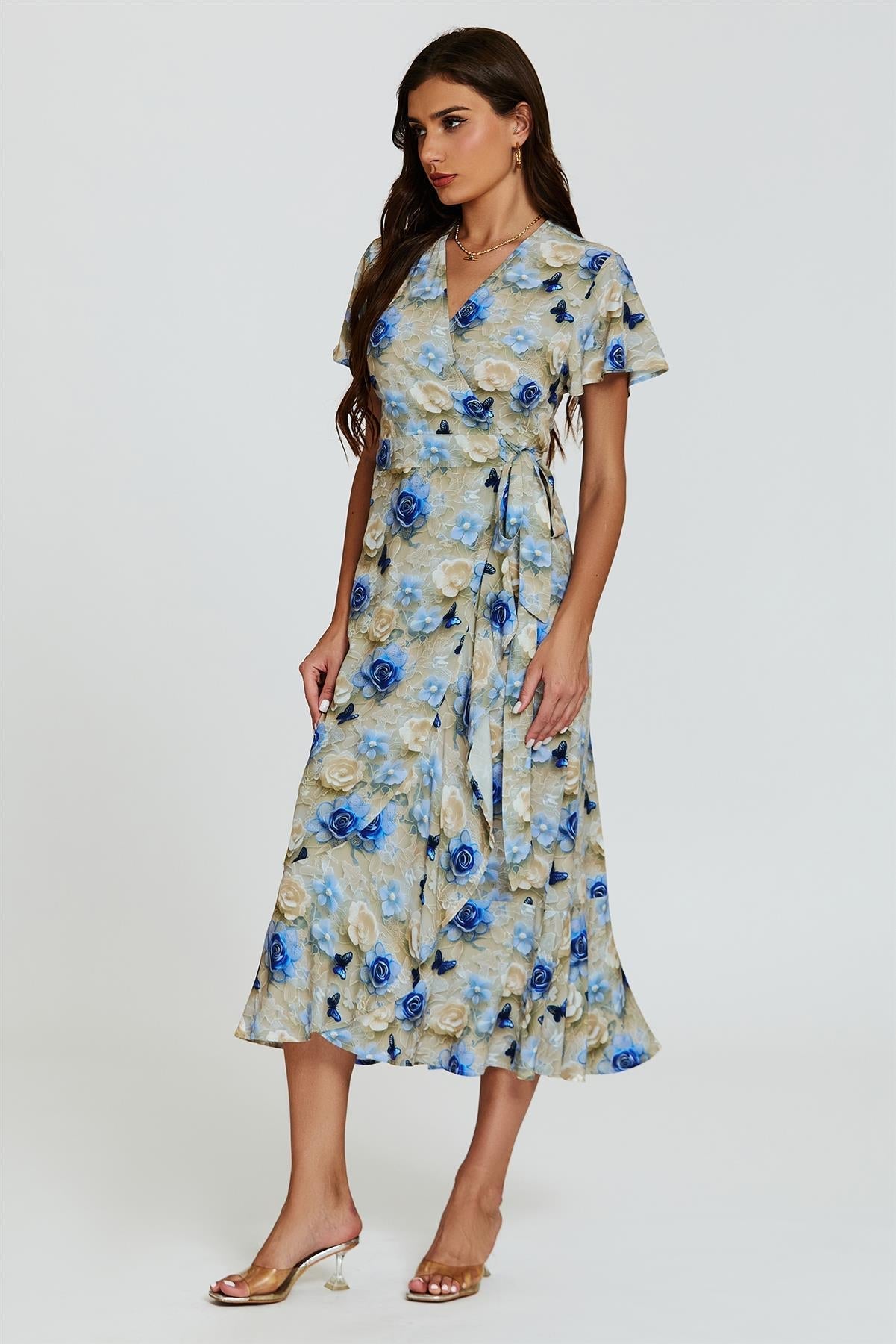 Floral Print Wrap Hem Midi Dress In Beige