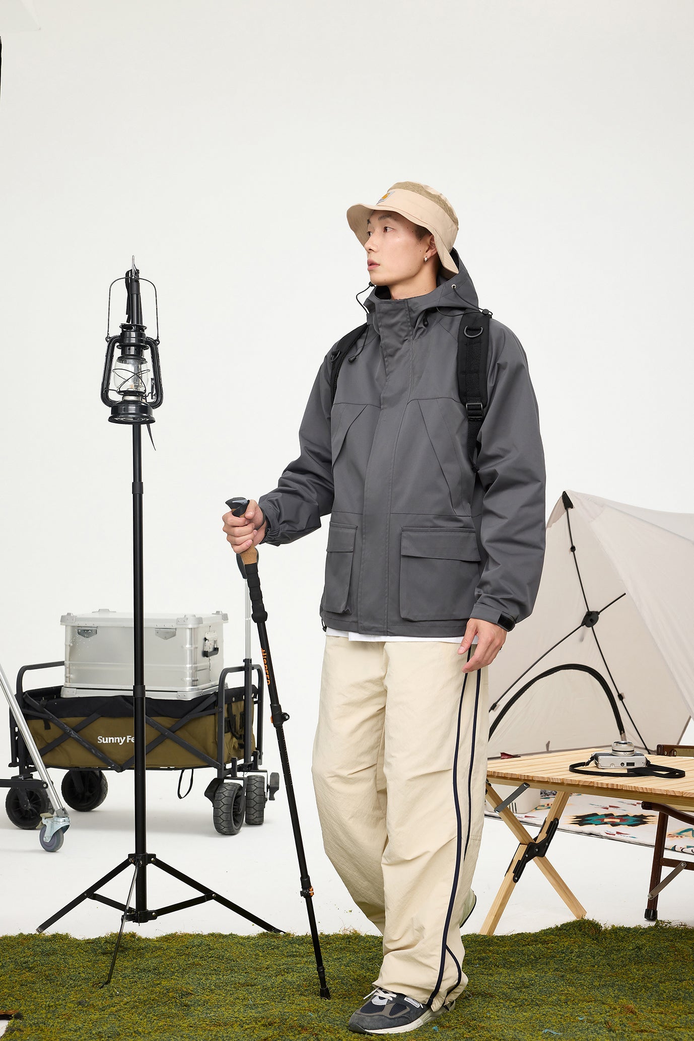 Patched Pockets Waterproof Jacket in Grey