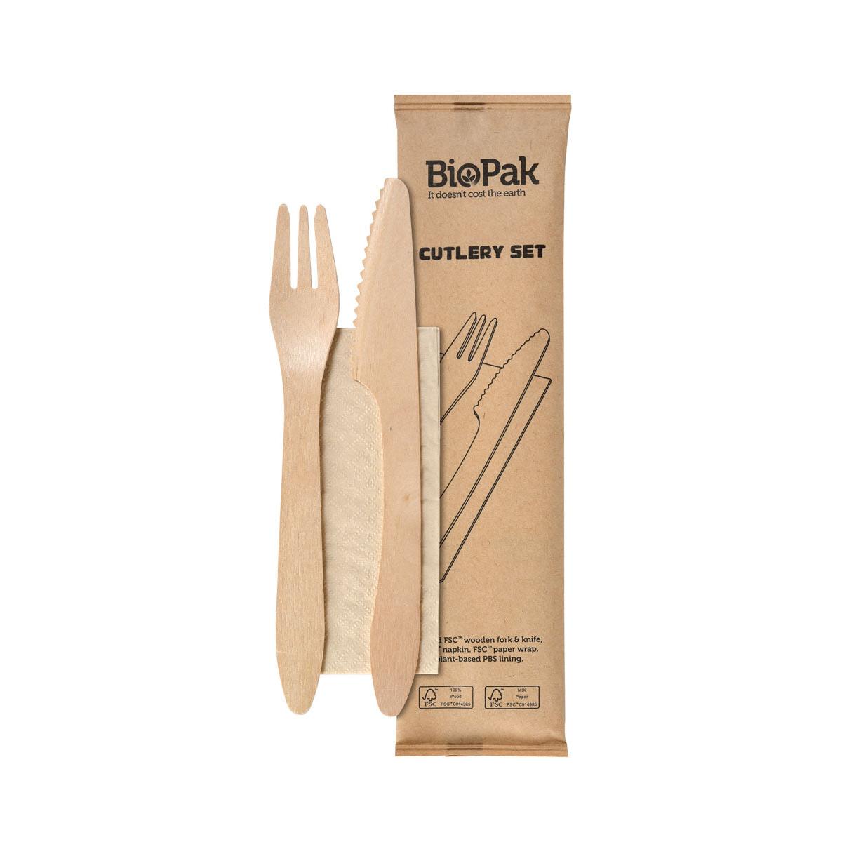 3/1 Besteck Set, Holz, Gabel & Messer, Braune Serviette 190/190 mm, Holz Natural gewachst 190/190 | Packung (250 Stück)