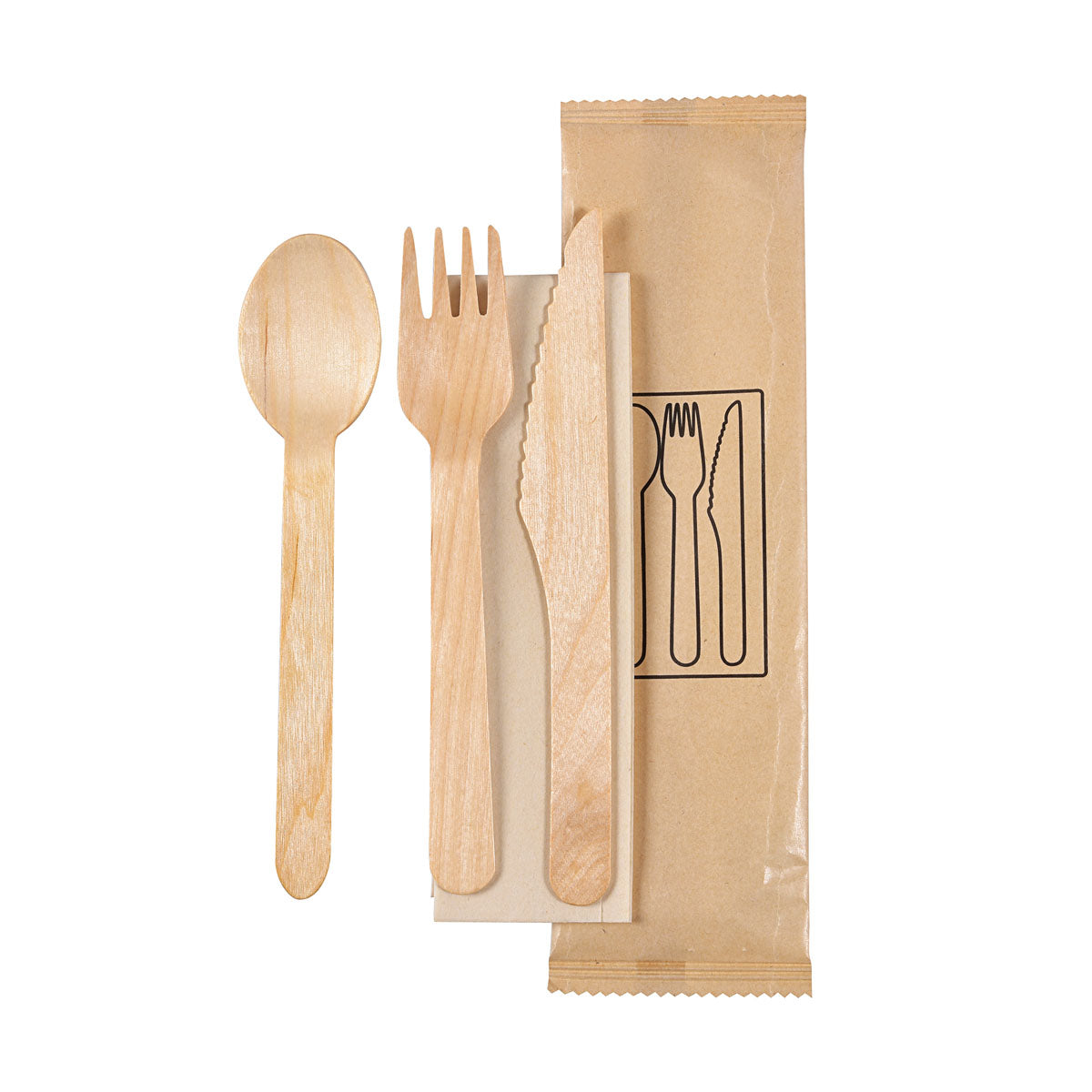 4/1 Besteck Set, Holz, Gabel & Messer, Löffel, Braune Serviette Natural gewachst 160/165/160 | Packung (250 Stück)