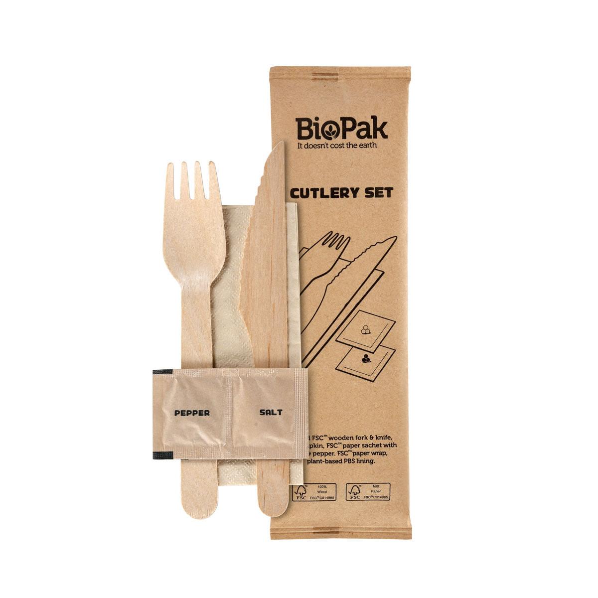 5/1 Besteck Set, Holz, Gabel & Messer, Serviette, Salz, Pfeffer Natural gewachst 160/165 | Packung (250 Stück)