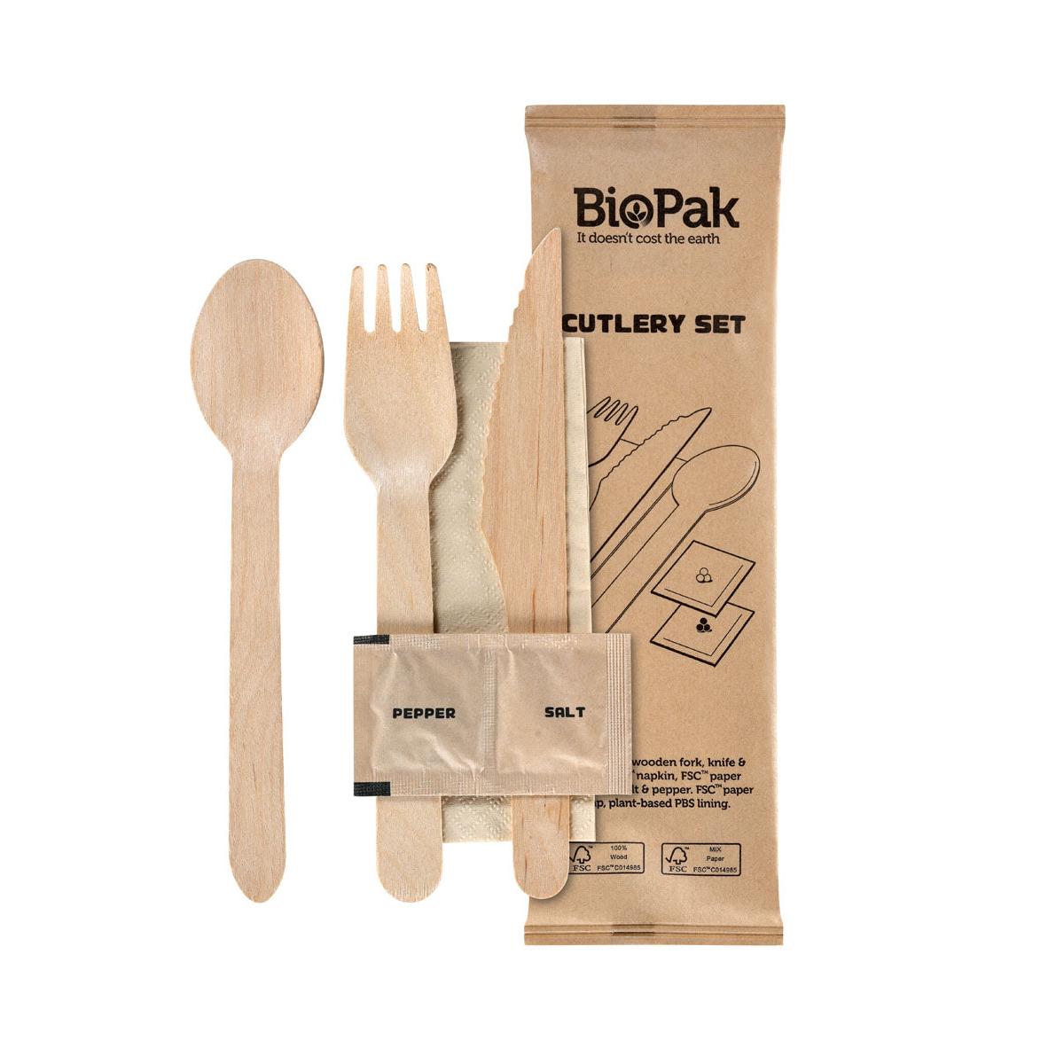 6/1 Besteck Set, Holz, Gabel & Messer, Löffel, Serviette, Salz, Pfeffer Natural gewachst 160/165/160 | Packung (250 Stück)