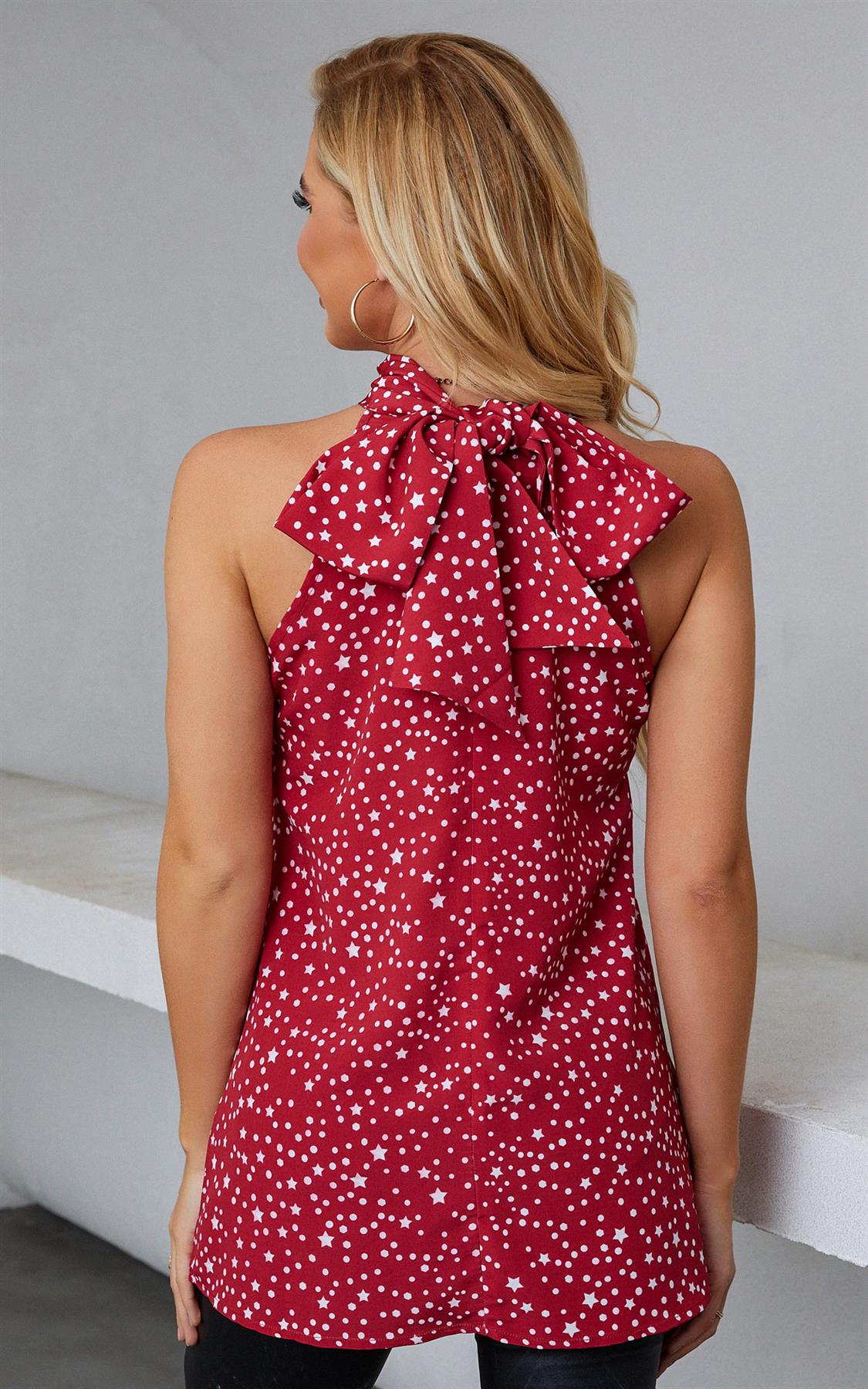 White Star Print Halter Neck Tie Back Top In Red