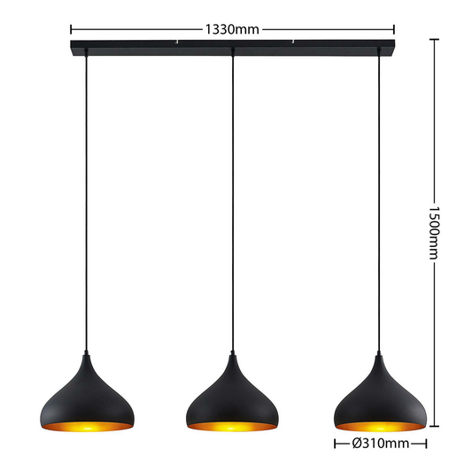 B-grade Lindby Elamira pendant light, hanging lamp, ceiling lamp, 3 bulbs, E27, black, G173