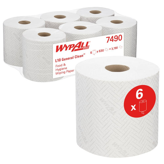 WypAll® L10 Papierwischtuch für Lebensmittel & Hygiene - Centrefeed for Reach+™ / Weiß - 6 Rolls x 630 Sheets | Karton (6 Rollen)