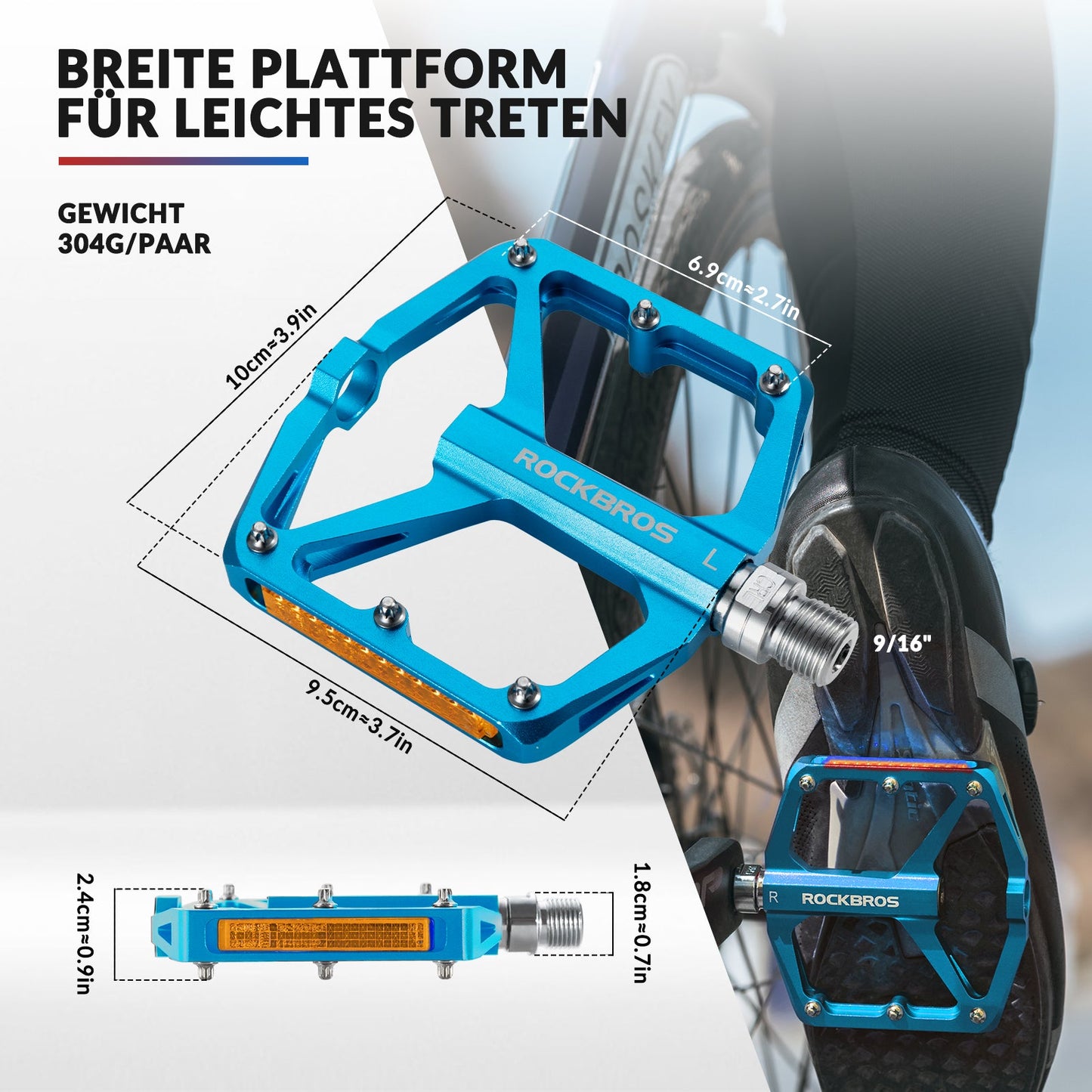 ROCKBROS hjólapedalar með endurskinsmerkjum, úr áli, 9/16 tommur