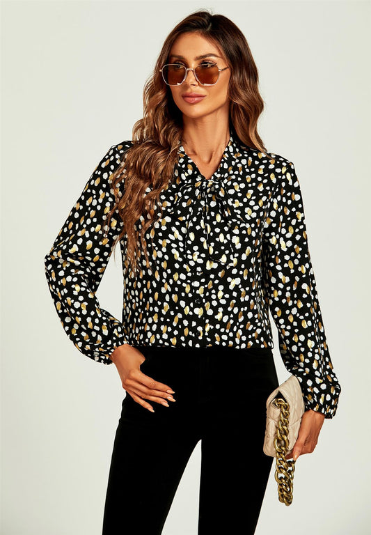 Gold Foil Leopard Print Pussy Bow Blouse/Top In Black